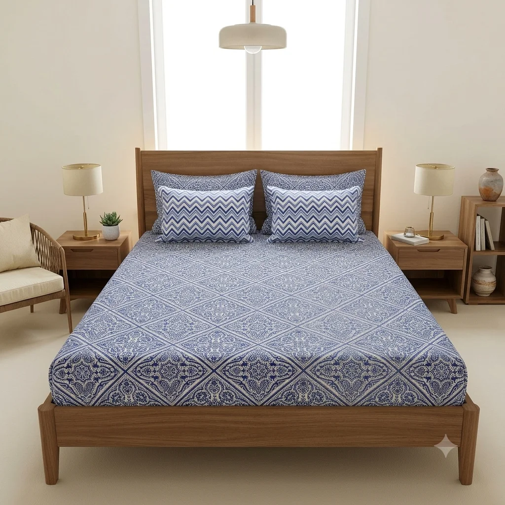 Classic Blue & White Geometric Bed Set with Matching Pillow Covers Classic Blue & White Geometric Bed Set with Matching Pillow Covers