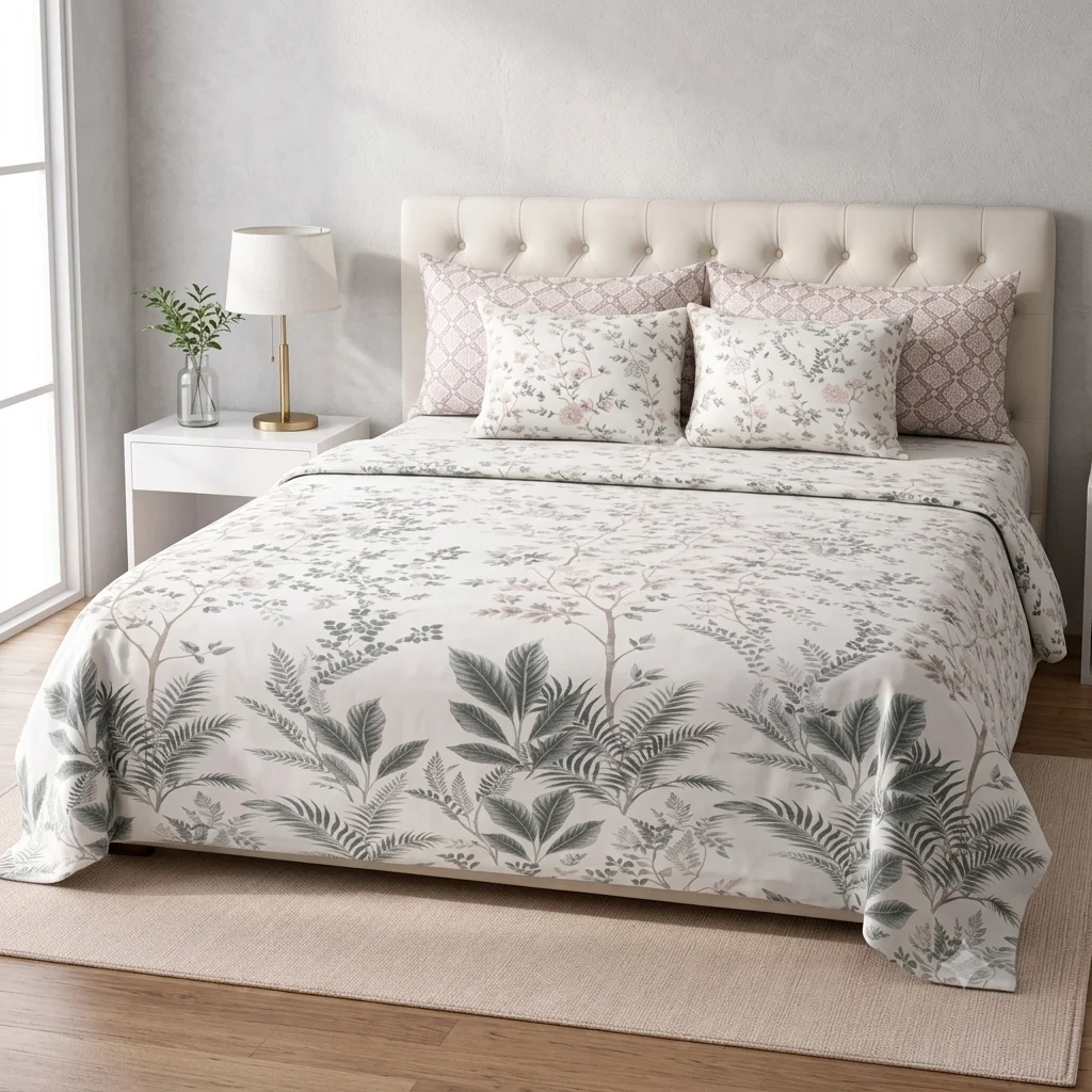 Elegant Grey Leaf Pattern Bed Sheet & Pillow Set Elegant Grey Leaf Pattern Bed Sheet & Pillow Set