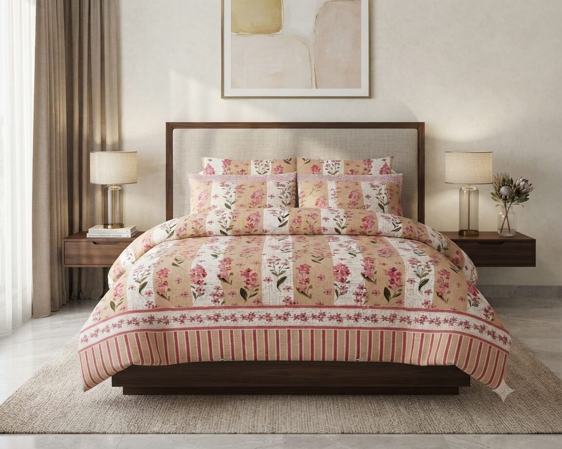 Elegant Pink Floral Stripe Cotton Bed Sheet Elegant Pink Floral Stripe Cotton Bed Sheet