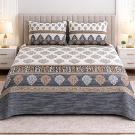 Grey Colours Printed Bed Sheet With 2 Pillow Covers