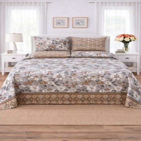 Whit Brown Grey Color Printed Bed Sheet B