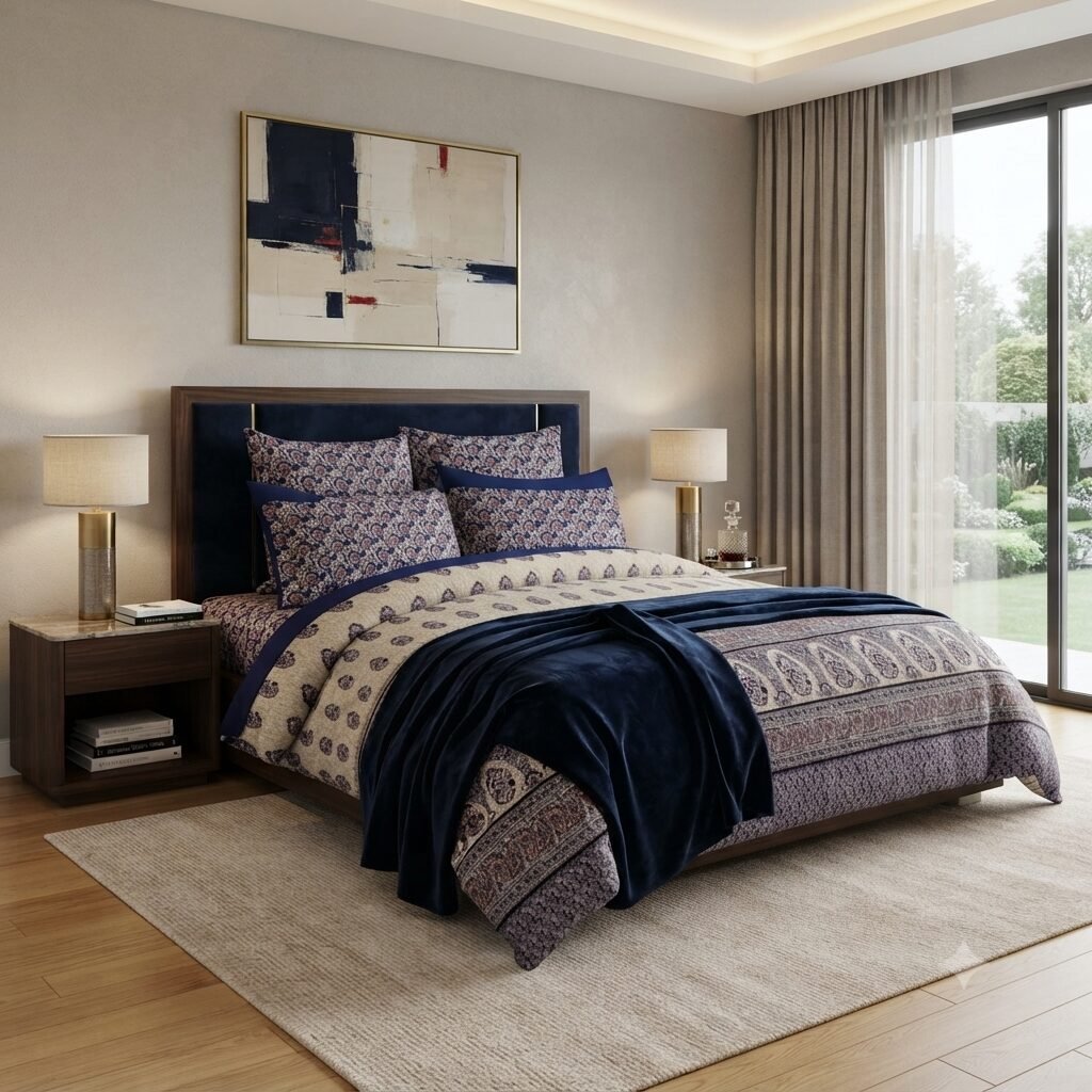 Navy Blue Color Printed Bed Sheet S Navy Blue Color Printed Bed Sheet S