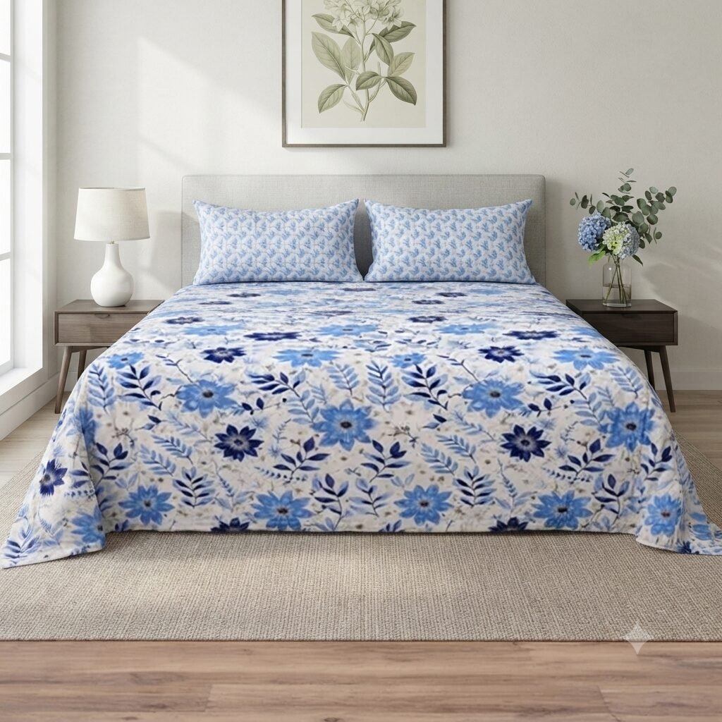 Sky Blue Flowers Design Printed Bed Sheet S Sky Blue Flowers Design Printed Bed Sheet S