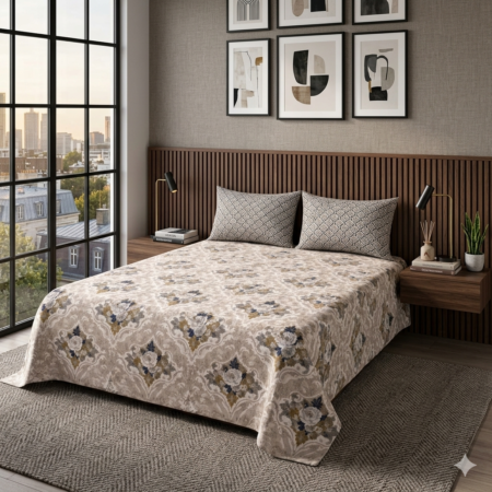 Cream Off White Printed Bed Sheet With 2 Pillow Covers