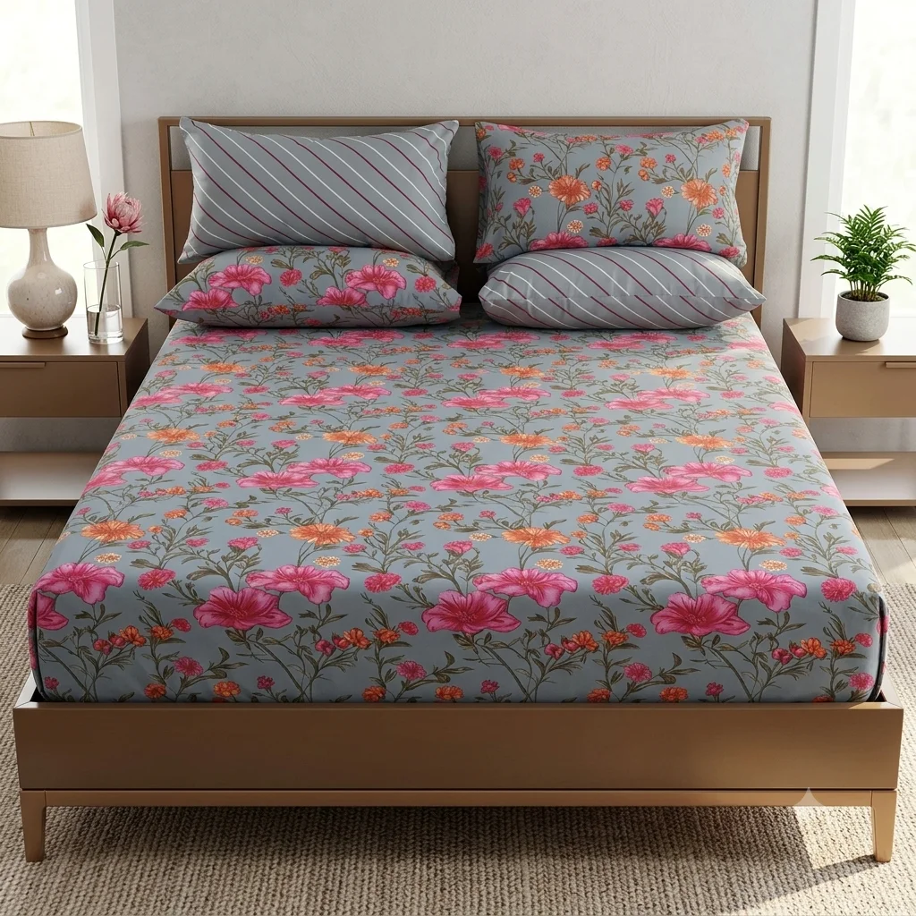 Grey-Blue Bedsheet with Pink Floral Print Grey-Blue Bedsheet with Pink Floral Print