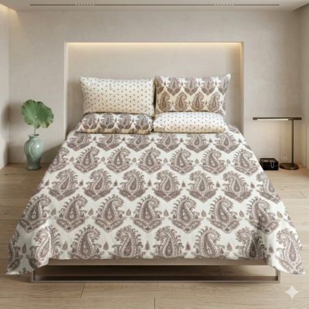Off White Printed Bed Sheet With 2 Pillow Covers