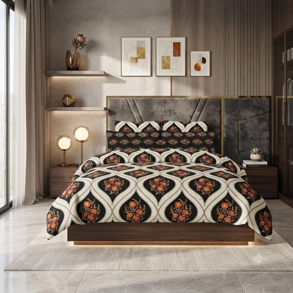 Orange floral Printed Bed Sheet With 2 Pillow Covers Orange floral Printed Bed Sheet With 2 Pillow Covers