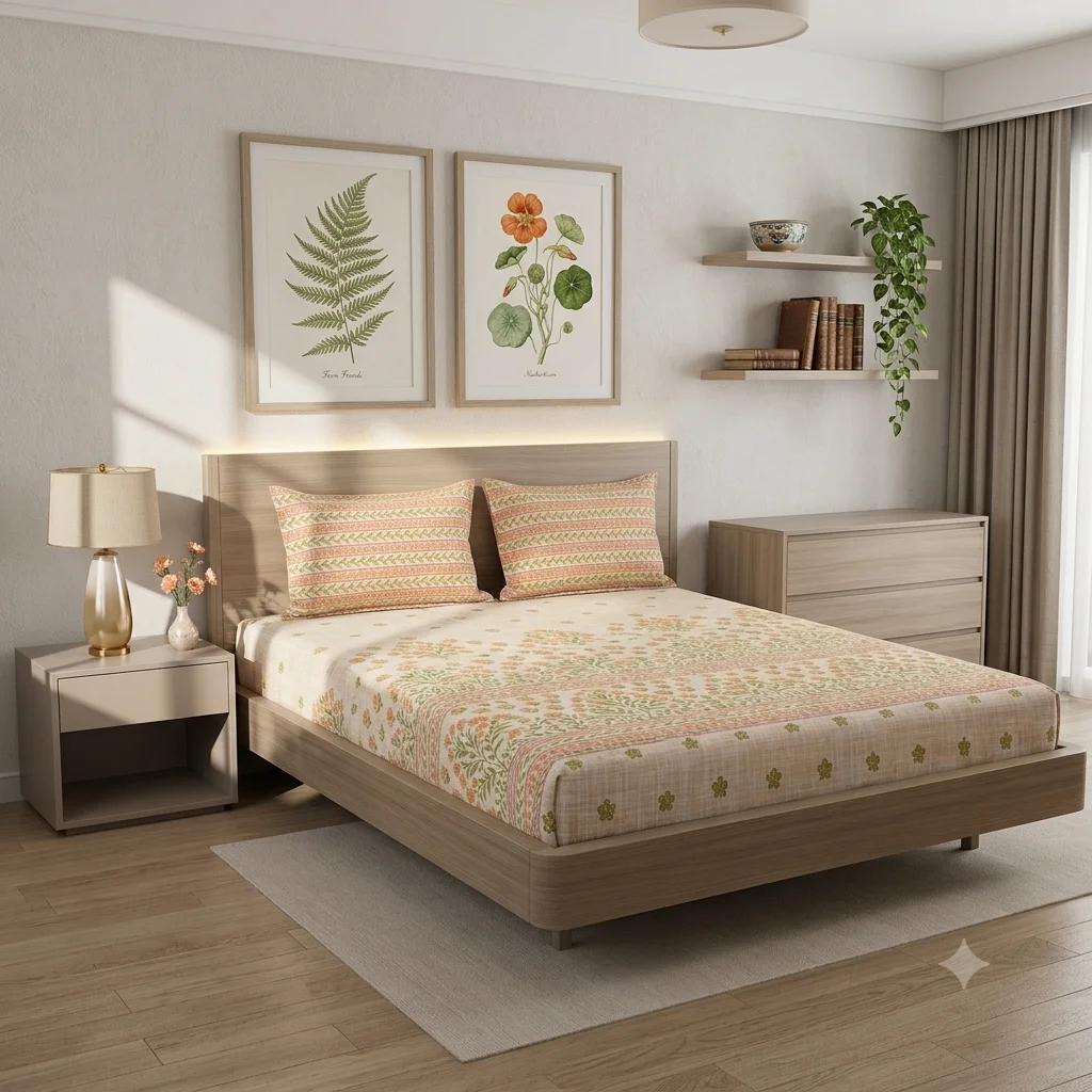 Premium Peach Blossom Floral Cotton Bedsheet Premium Peach Blossom Floral Cotton Bedsheet
