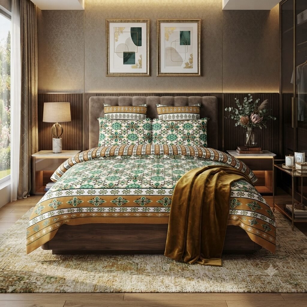 Sunset Orange & Sage Green Geometric Bed Sheet Sunset Orange & Sage Green Geometric Bed Sheet
