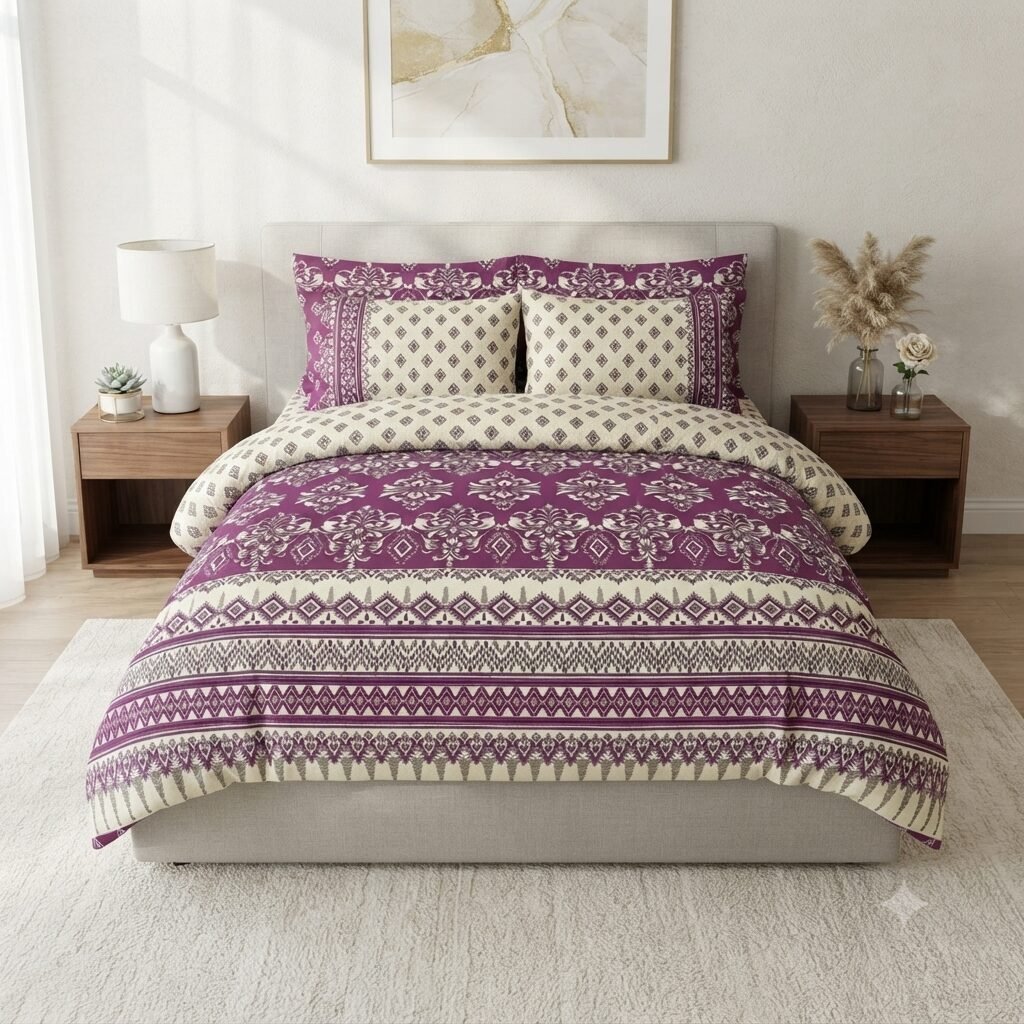 Traditional Purple & Cream Border Print Bed Sheet Traditional Purple & Cream Border Print Bed Sheet
