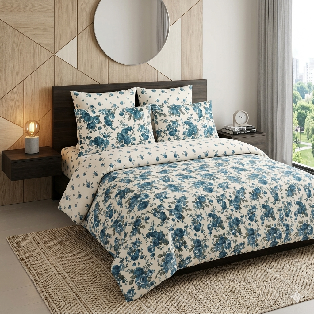 White with Blue Flowers Printed Bed Sheet With 2 Pillow Covers White with Blue Flowers Printed Bed Sheet With 2 Pillow Covers