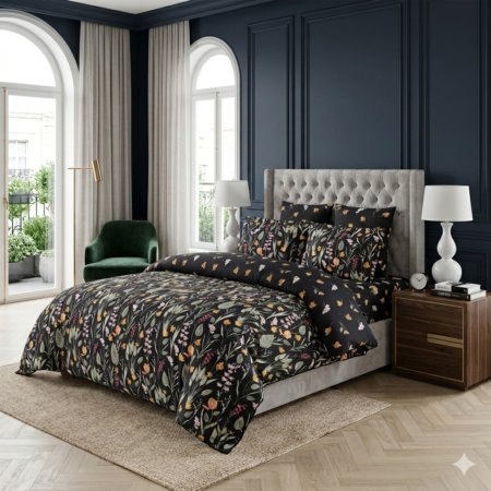 Beautiful Black Printed Bed Sheet With 2 Pillow Covers N