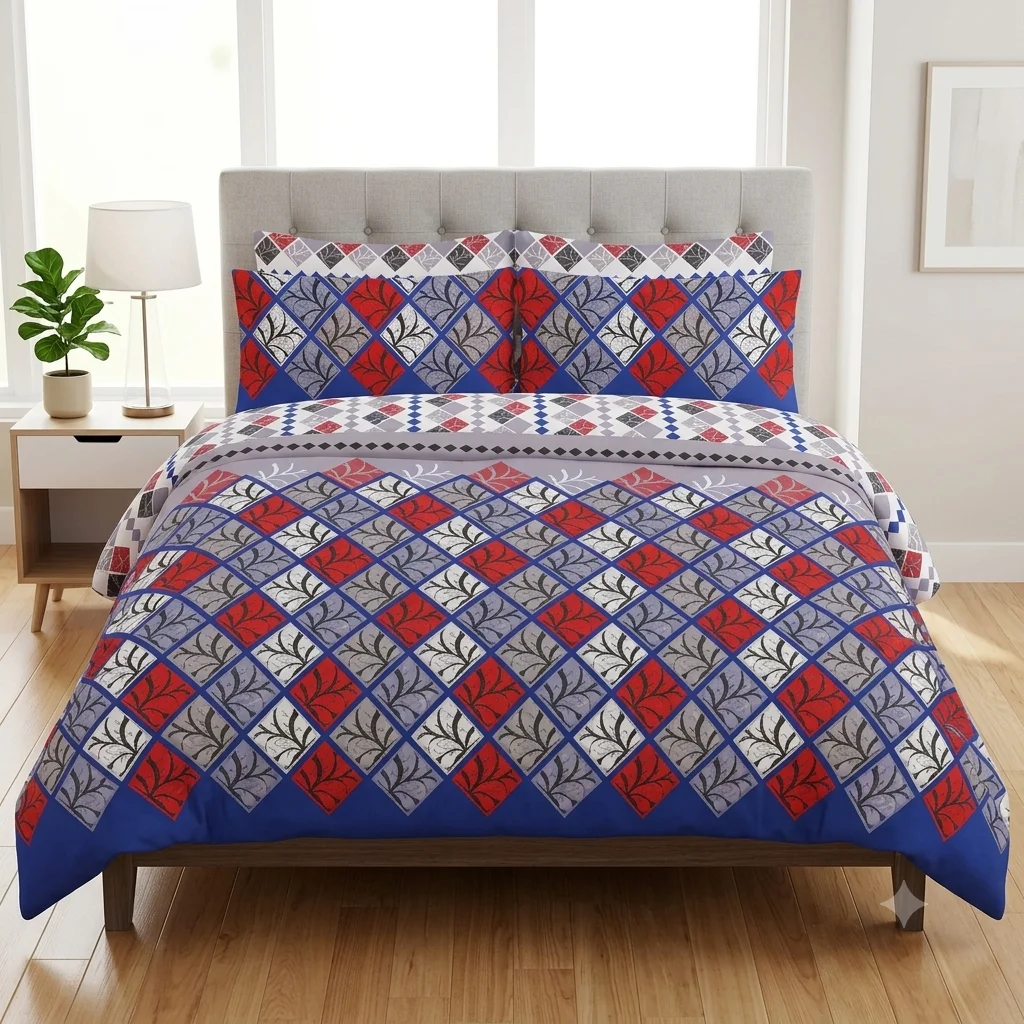 Blue & Red Patterned Bed Set with Pillow Covers Blue & Red Patterned Bed Set with Pillow Covers