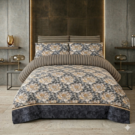 Grey Printed Bed Sheet With 2 Pillow Covers
