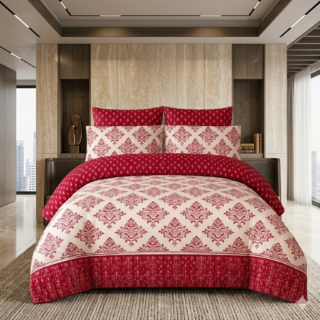 Red White Printed Bed Sheet With 2 Pillow Covers