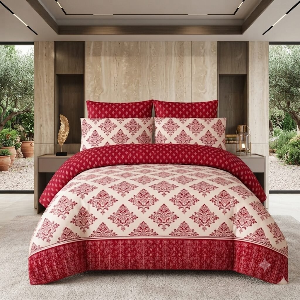 Red White Printed Bed Sheet With 2 Pillow Covers Red White Printed Bed Sheet With 2 Pillow Covers