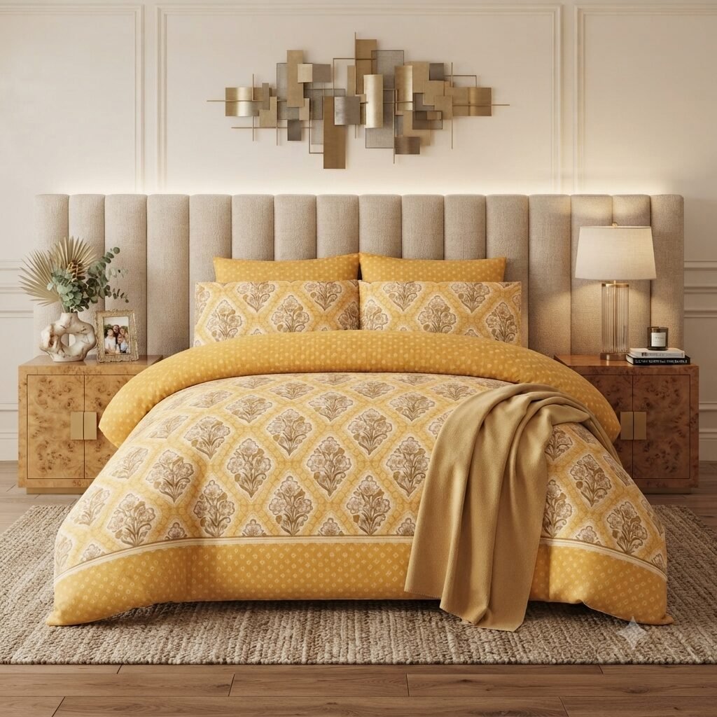 Yellow Printed Bed Sheet With 2 Pillow Covers Yellow Printed Bed Sheet With 2 Pillow Covers