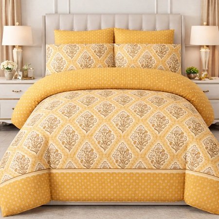 Yellow Printed Bed Sheet With 2 Pillow Covers