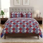 Blue & Red Patterned Bed Set with Pillow Covers