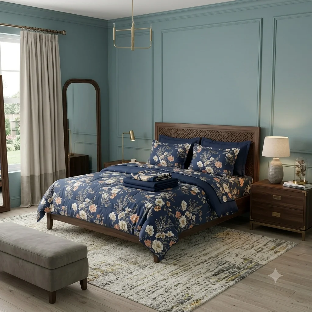 Royal Navy Blue Floral Cotton Bed Sheet with 2 Pillow Covers (2) Royal Navy Blue Floral Cotton Bed Sheet with 2 Pillow Covers