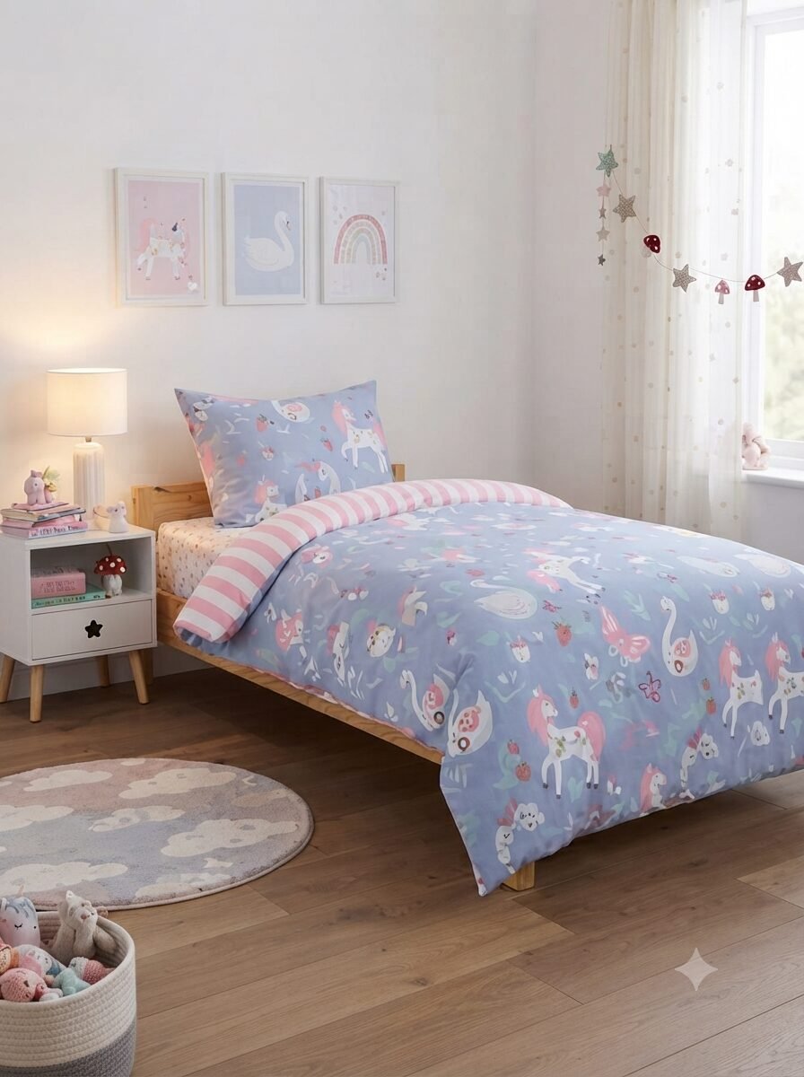 Enchanted Unicorn, Swan & Strawberry Kids Bed Sheet Enchanted Unicorn, Swan & Strawberry Kids Bed Sheet