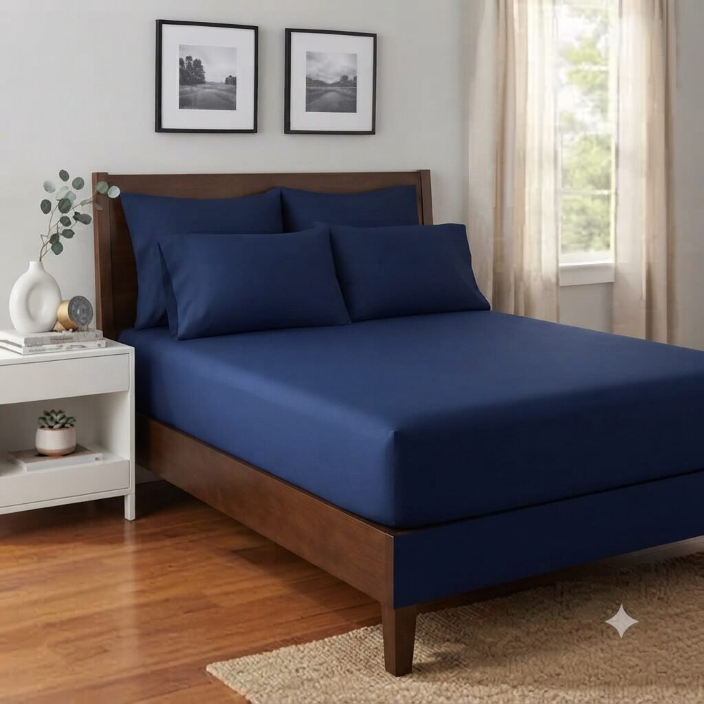 Navy Blue Palin Fitted Sheet With 2 Pillows Navy Blue Palin Fitted Sheet With 2 Pillows