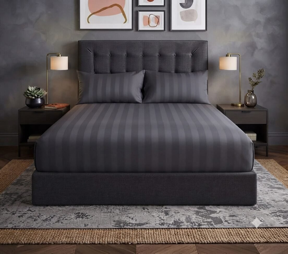 Plain Dark Grey Stripe Fitted Bed Sheet With 2 Pillow Covers Plain Dark Grey Stripe Fitted Bed Sheet With 2 Pillow Covers