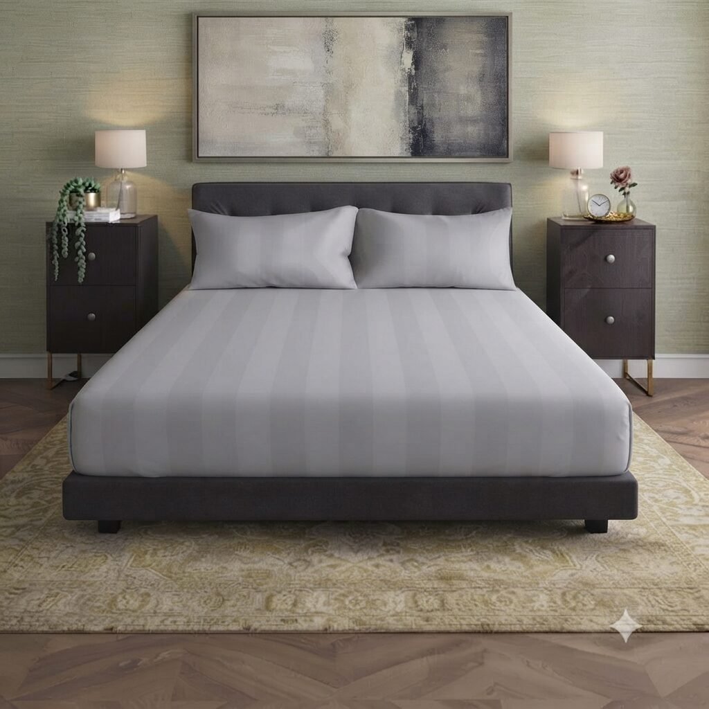 Plain Light Grey Stripe Fitted Bed Sheet With 2 Pillow Covers Plain Light Grey Stripe Fitted Bed Sheet With 2 Pillow Covers