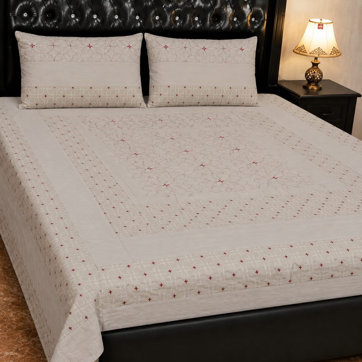 Printed Patchwork Embroidered Bed Sheet GN Design (17) Printed Patchwork Embroidered Bed Sheet GN Design