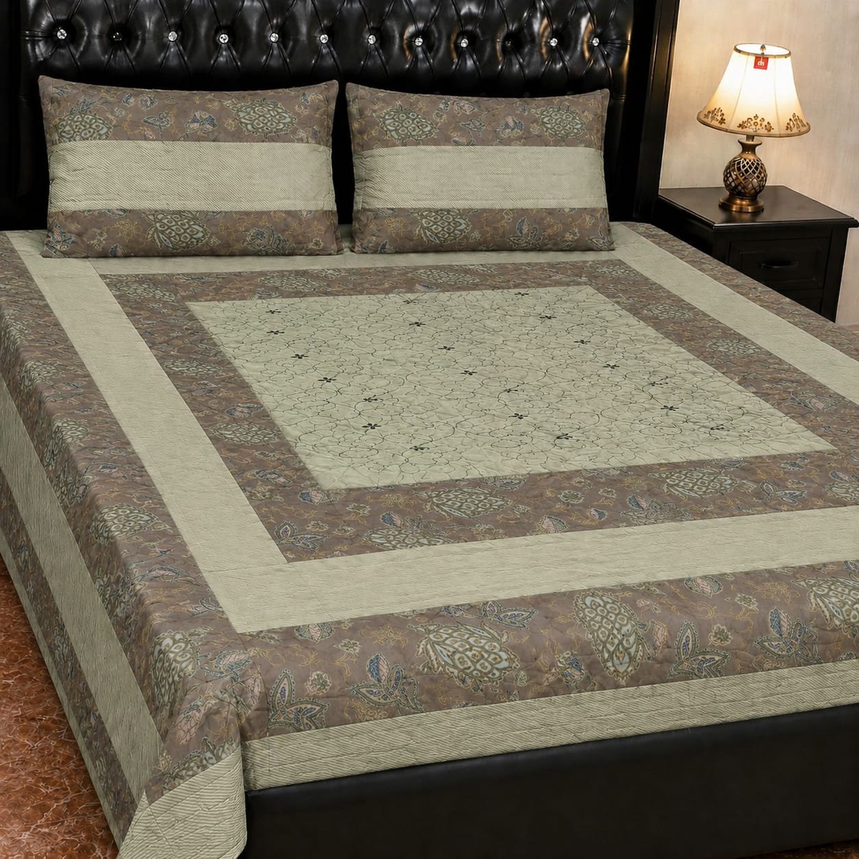 Printed Patchwork Embroidered Bed Sheet GN Design (18) Printed Patchwork Embroidered Bed Sheet GN Design