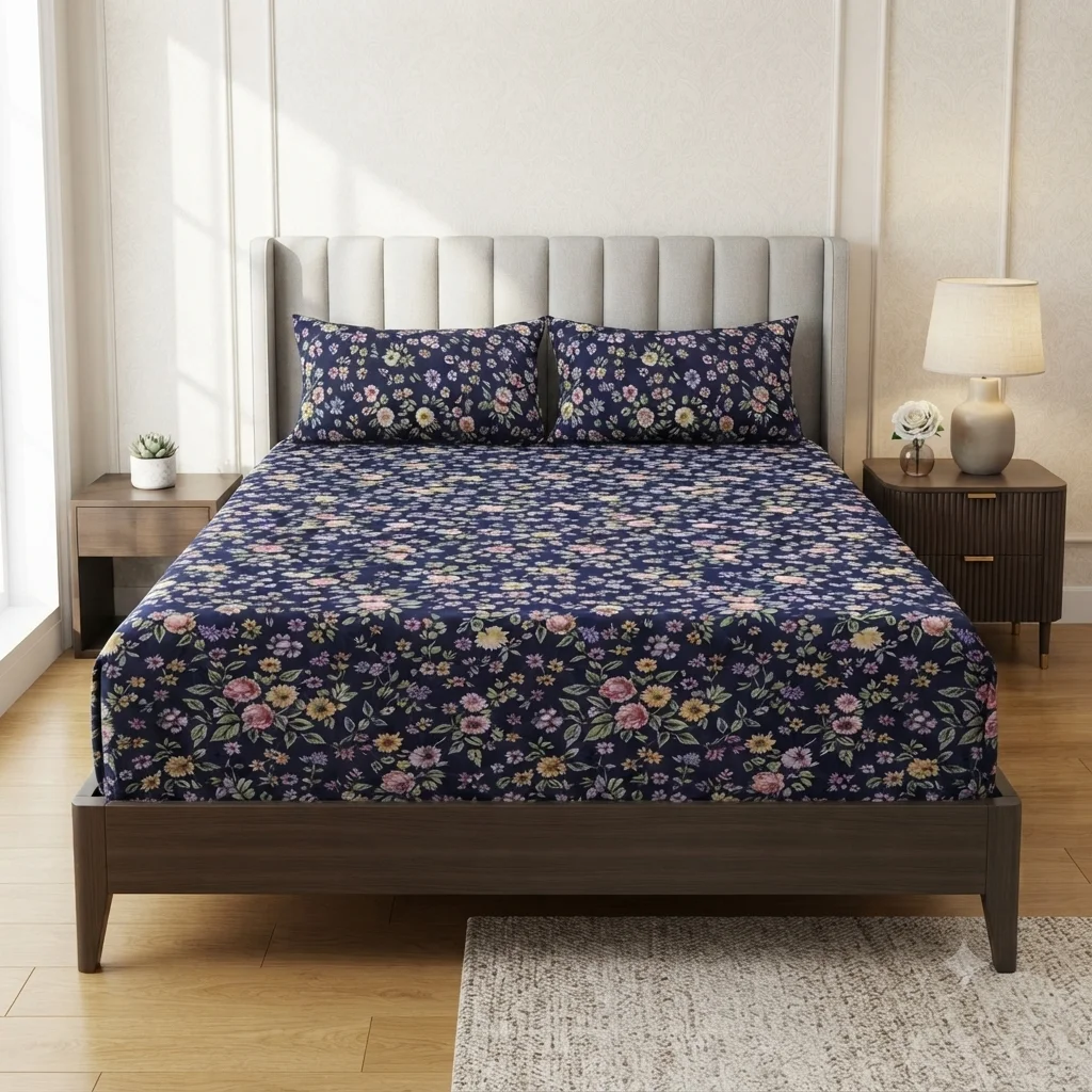 Royal Navy Blue Floral Cotton Bed Sheet S Royal Navy Blue Floral Cotton Bed Sheet S