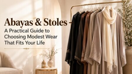 Elegant abayas and stoles displayed on a premium clothing rack showcasing modest fashion for everyday wear