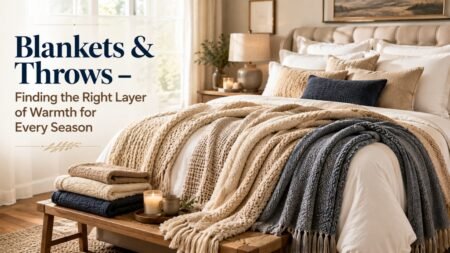 Luxury blankets and throws layered on a premium bed for year-round warmth, comfort, and stylish bedroom décor
