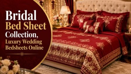 Luxury bridal bed sheet with red and gold floral embroidery, elegant wedding bedding set, and romantic bedroom decor