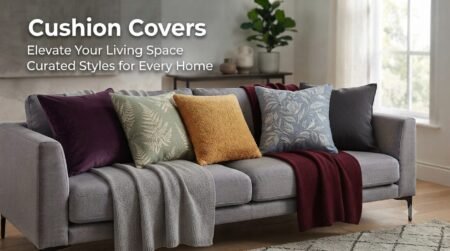 A stylish modern living room featuring a comfortable gray sofa adorned with an array of decorative cushion covers and cozy throws