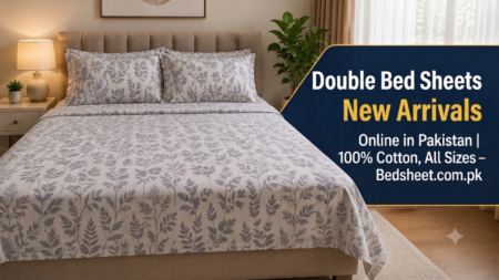 Premium double bed sheets with elegant floral print, 100% cotton bedding, and matching pillows in a modern bedroom