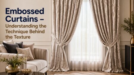 Luxury embossed curtains with textured fabric in a modern living room showcasing elegant window décor and premium style