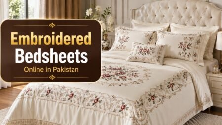 Luxury embroidered bedsheets with elegant floral embroidery in a modern bedroom – premium embroidered bed sheet set online in Pakistan