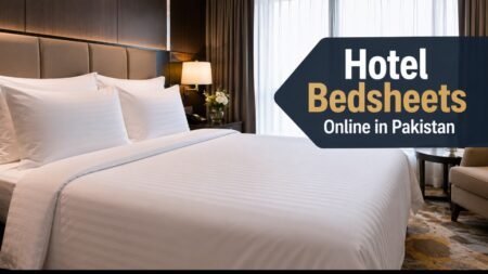 Luxury hotel bedsheets with premium white cotton bedding in a modern hotel room – hotel bedsheets online in Pakistan