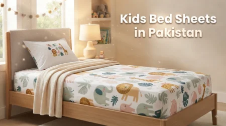 Kids bed sheets in Pakistan featuring a colorful safari-themed animal print with lions, elephants, and giraffes in a modern children's bedroom setup.
