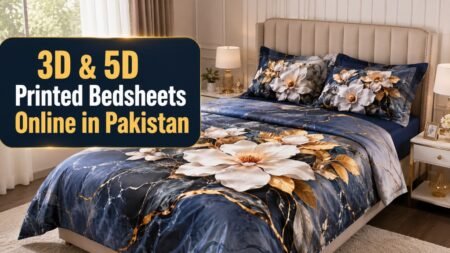 Premium 3D & 5D printed bedsheets with modern floral design in a luxury bedroom for online shopping in Pakistan