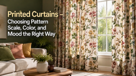 Premium printed curtains with elegant floral patterns in a modern living room showcasing stylish window décor and vibrant interior design