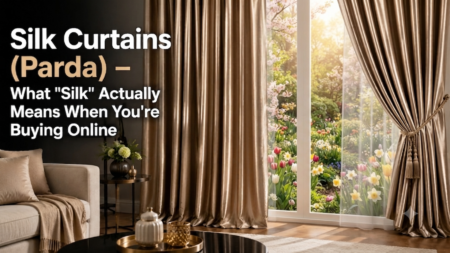 Premium silk curtains (parda) in a modern living room showcasing elegant window décor, soft draping, and luxury fabric