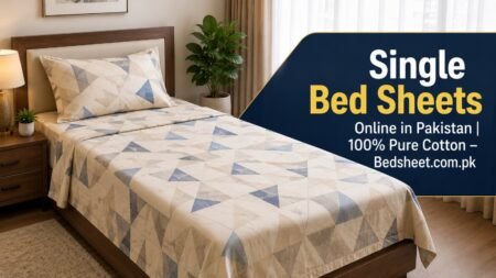 Premium single bed sheet with elegant geometric print, soft cotton bedding, and matching pillow in a modern bedroom
