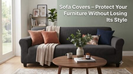 Contemporary living room with a dark grey fitted sofa cover, accent cushions, and warm lighting, showcasing modern and clean home decor