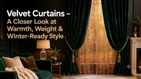velvet curtains tied back, revealing an autumn forest view in a cozy room with a sofa and lamp
