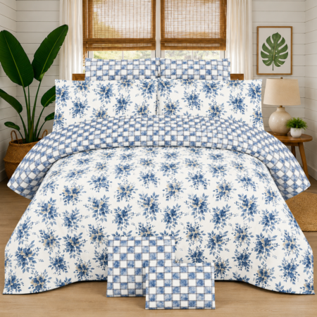 Blue Floral Elegance Printed Bed Sheet