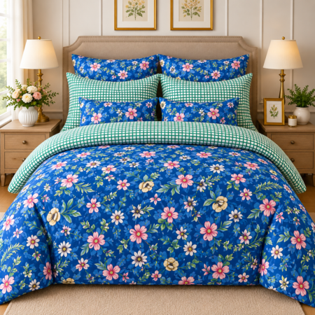 Blue Garden Bloom Printed Bedsheet