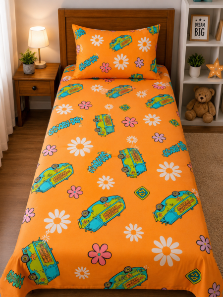 Colorful Van & Flower Printed Bed Sheet Set – Orange