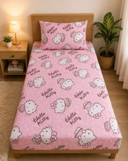 Hello Kitty Kids Bed Sheet Set – Pink Printed Cartoon Bedding